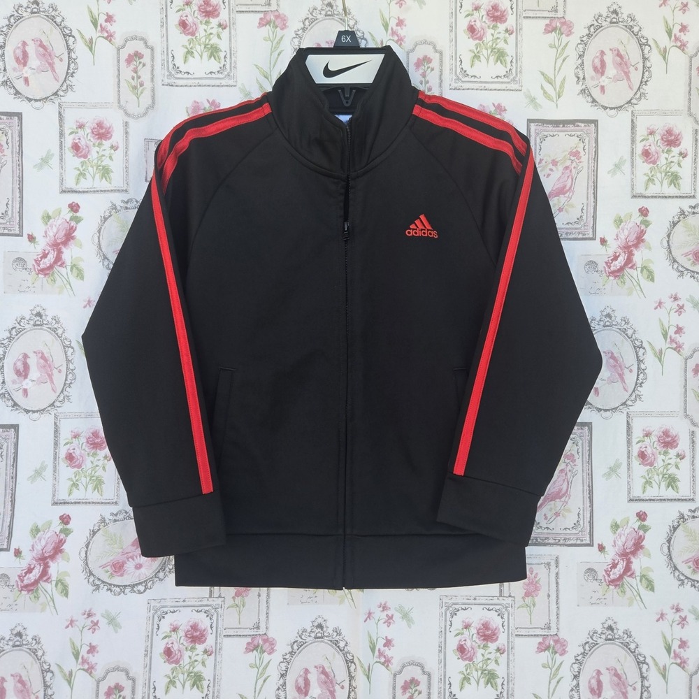 Adidas Youth Black Track Jacket Red 3-Stripe Full Zip Activewear Top Size 6